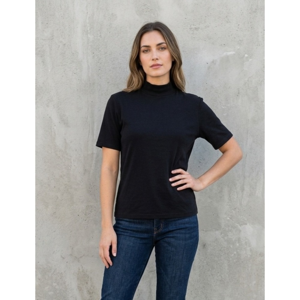 TravelSmith Black Mock Neck Minimalist Short Sleeve Stretch Top Large
